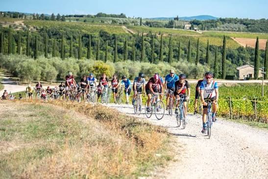 Riders on the white gravel roads of L'Eroica, Tuscany